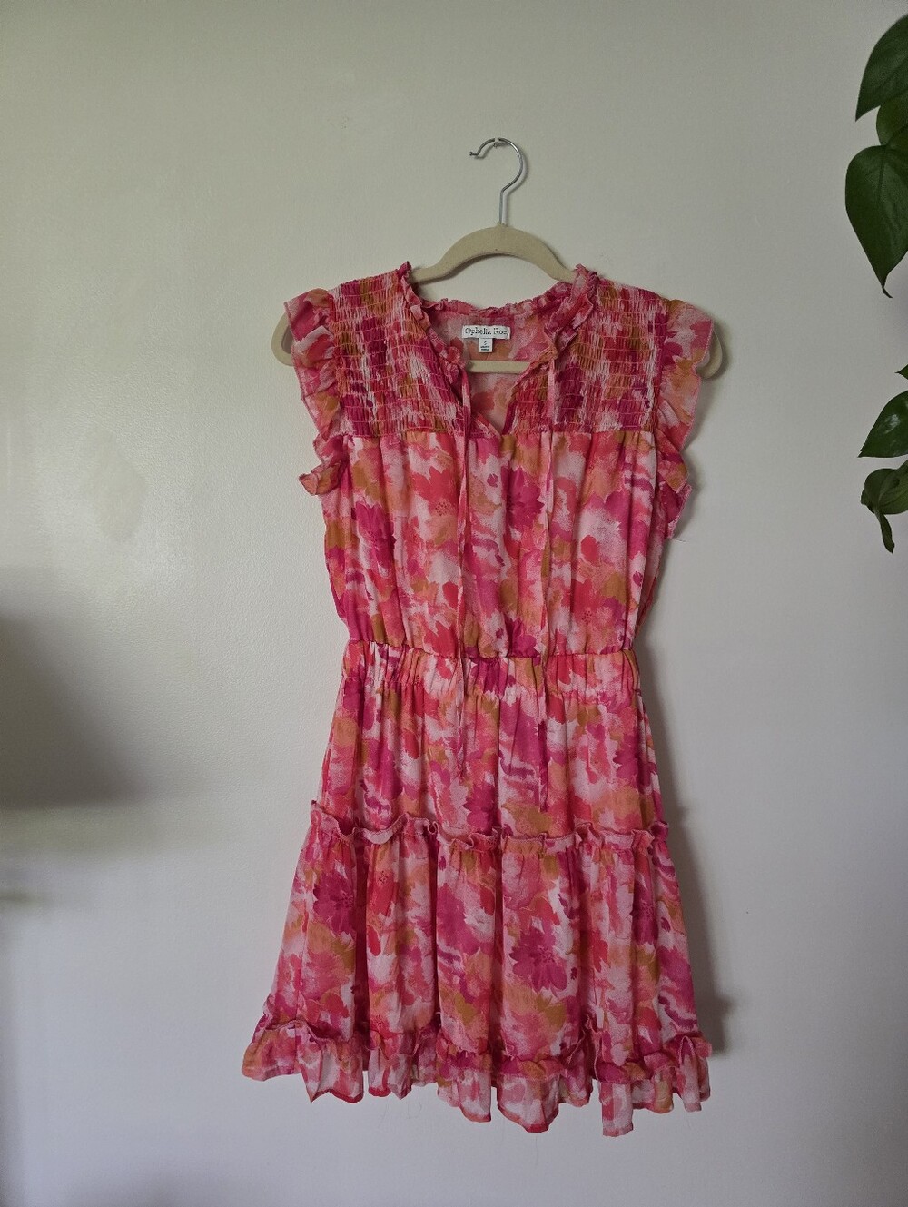 Ophelia Roe Size Small Womens Pink Floral Mini Short Sleeveless Ruffle Dress